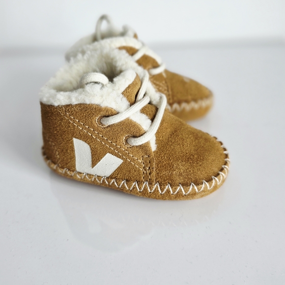 Veja Other - Veja Kids Suede-Look Moccasin Boots in Tan with White Trim
